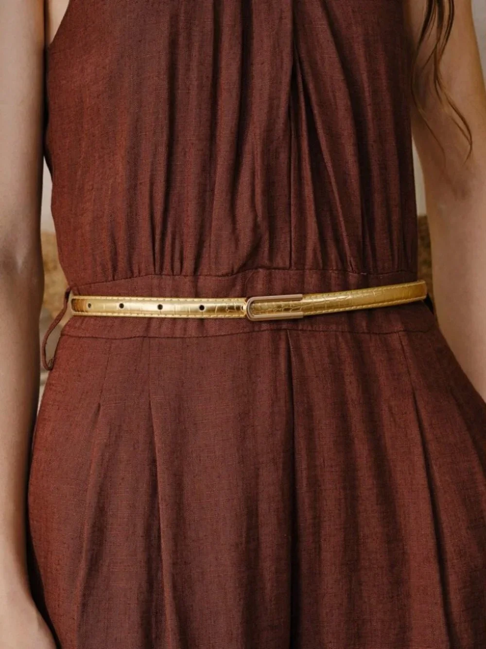 Gold Croc-Embossed Vegan Leather Skinny Belt with Oval Buckle